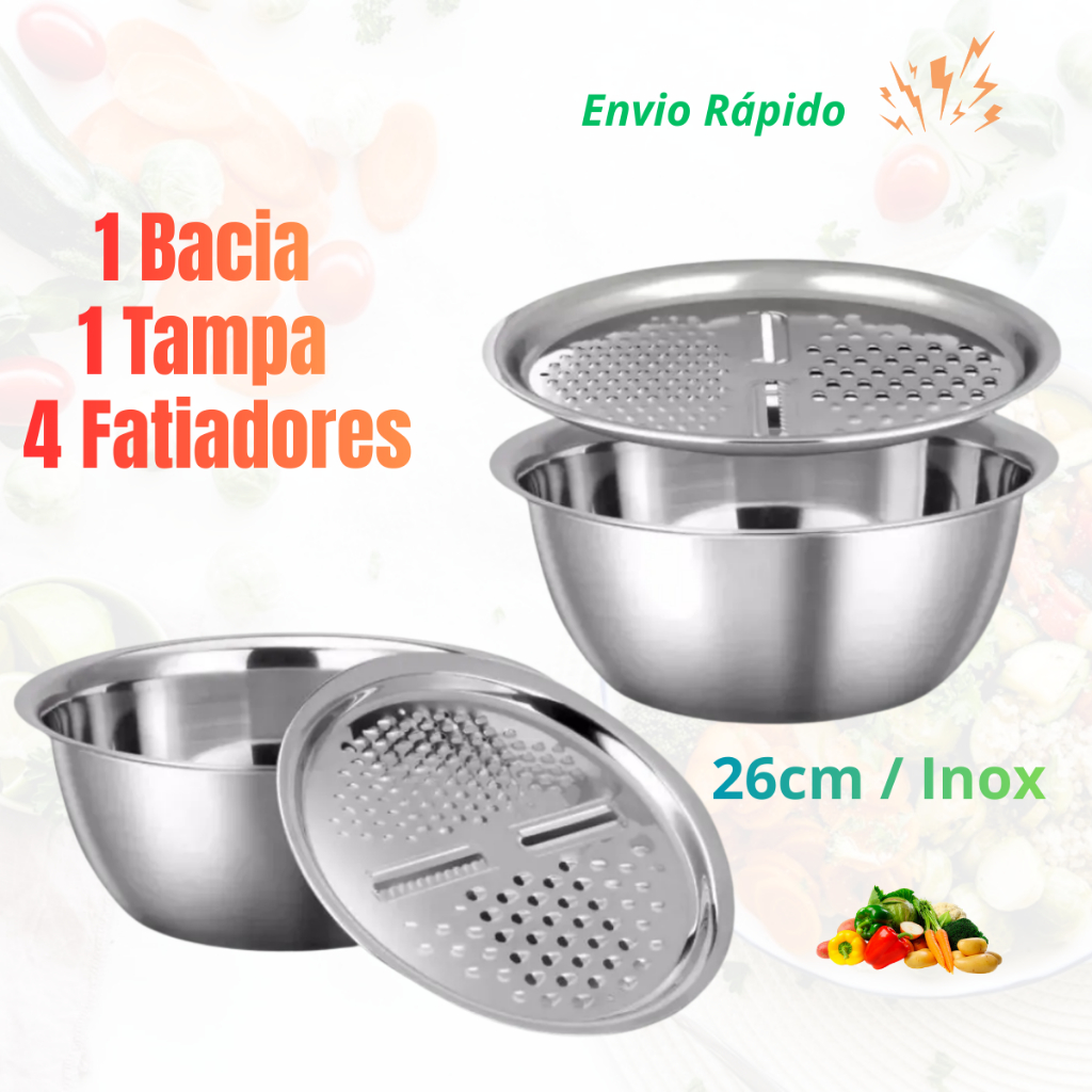 Bacia Raladora Inox 4 forma de ralar Em 1 Tampa Fatiador Bacia Queijo Manual 26cm Cozinha Prática