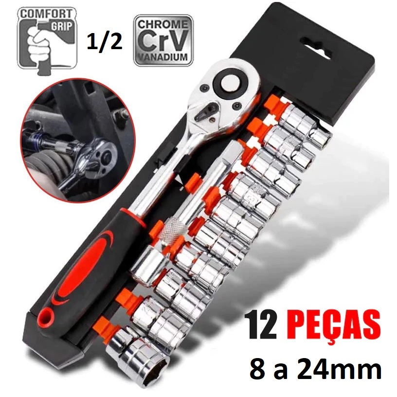 Chave De Catraca Reversivel 1/2 Soquete Sextavado 12 peças 8 a 28 mm extensão kit jogo