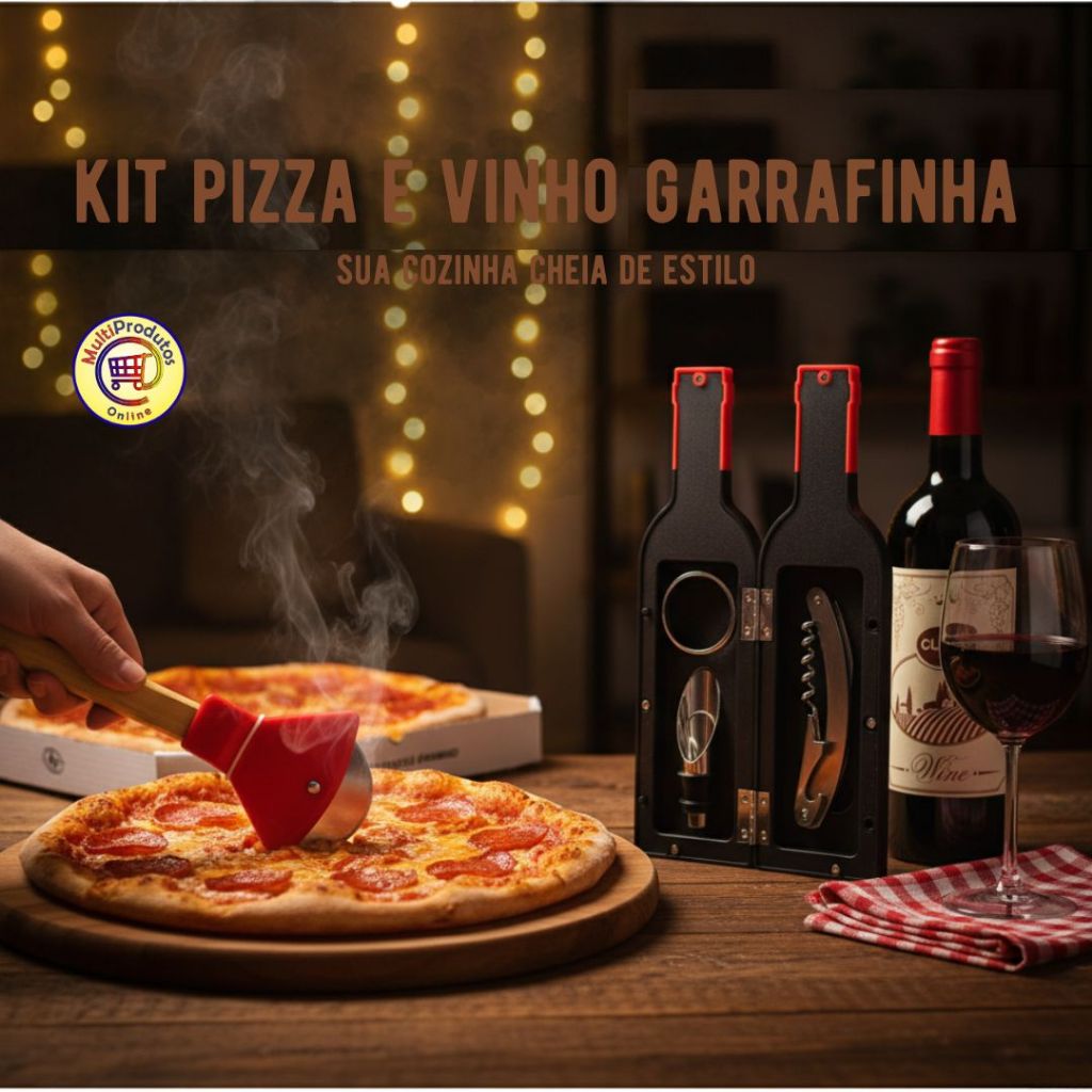 KIT PIZZA E VINHO GARRAFINHA |1Cortador Pizza Machadinha + 1Kit 3 peças Sommelier para Vinho Garrafa