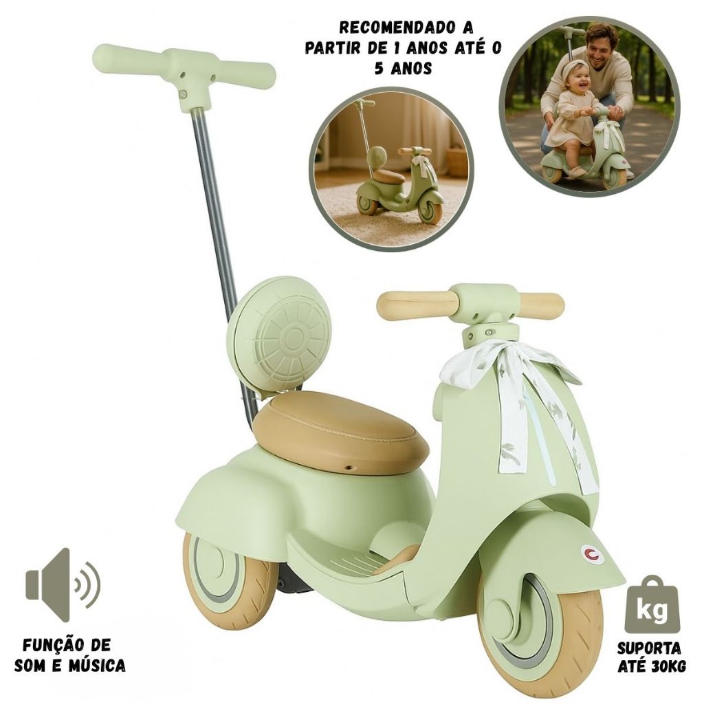 Moto Infantil Scooter Com Empurrador Dirigível  Até 30Kg, Mini Baú, Luz E Sons - Covei Toys