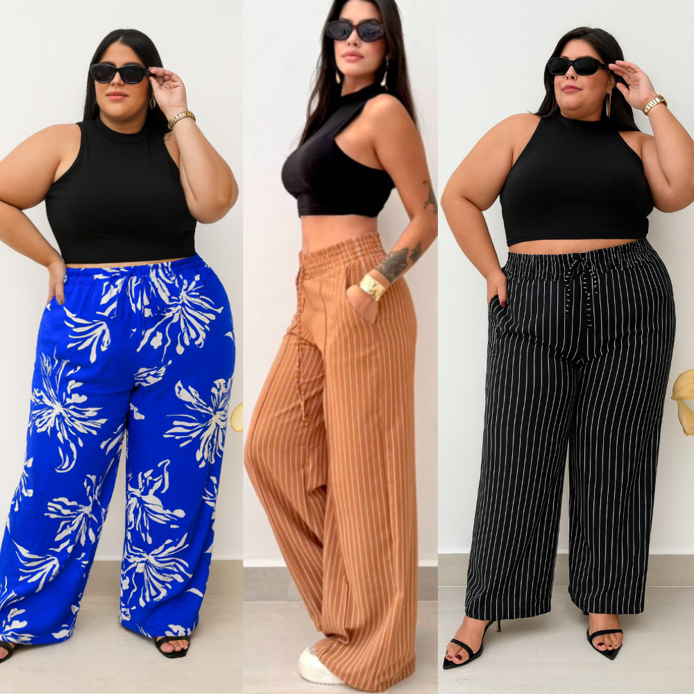 Calça pantalona Duna com Elástico na cintura Estampada e Listrada Risca Giz Plus size estilo e Conforto Todos Tamanhos em Oferta na Shopee