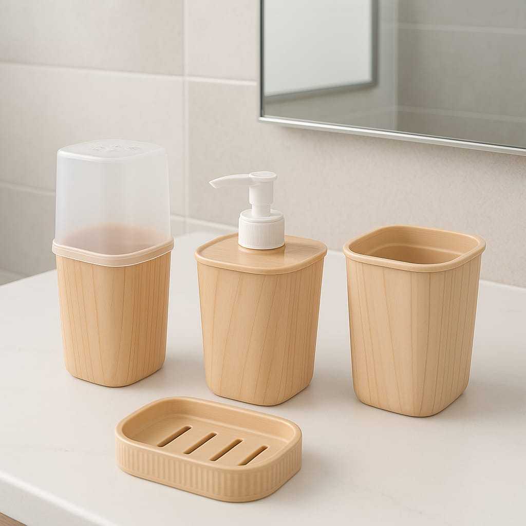 Kit 4 Pecas Lavabo Com Saboneteira + Porta Cotonetes + Porta Escova Dente + Porta Sabonete Liquido Higiene Banheiro