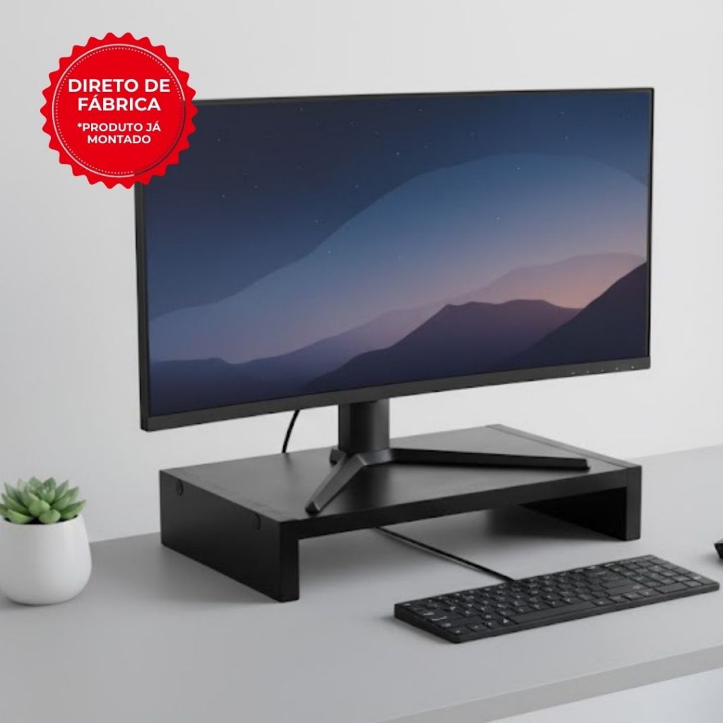 Suporte Base para Monitor Ergonômico Preto e Branco em MDF 33x20x6cm