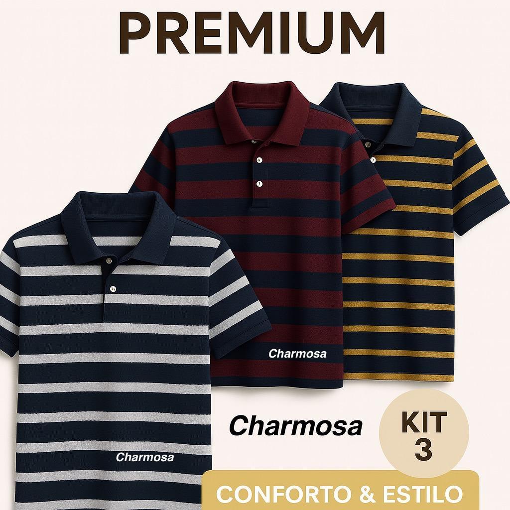 Kit 3 Camisas Polo Masculinas Listradas Premium • Conforto • Material Respirável • Casual e Social
