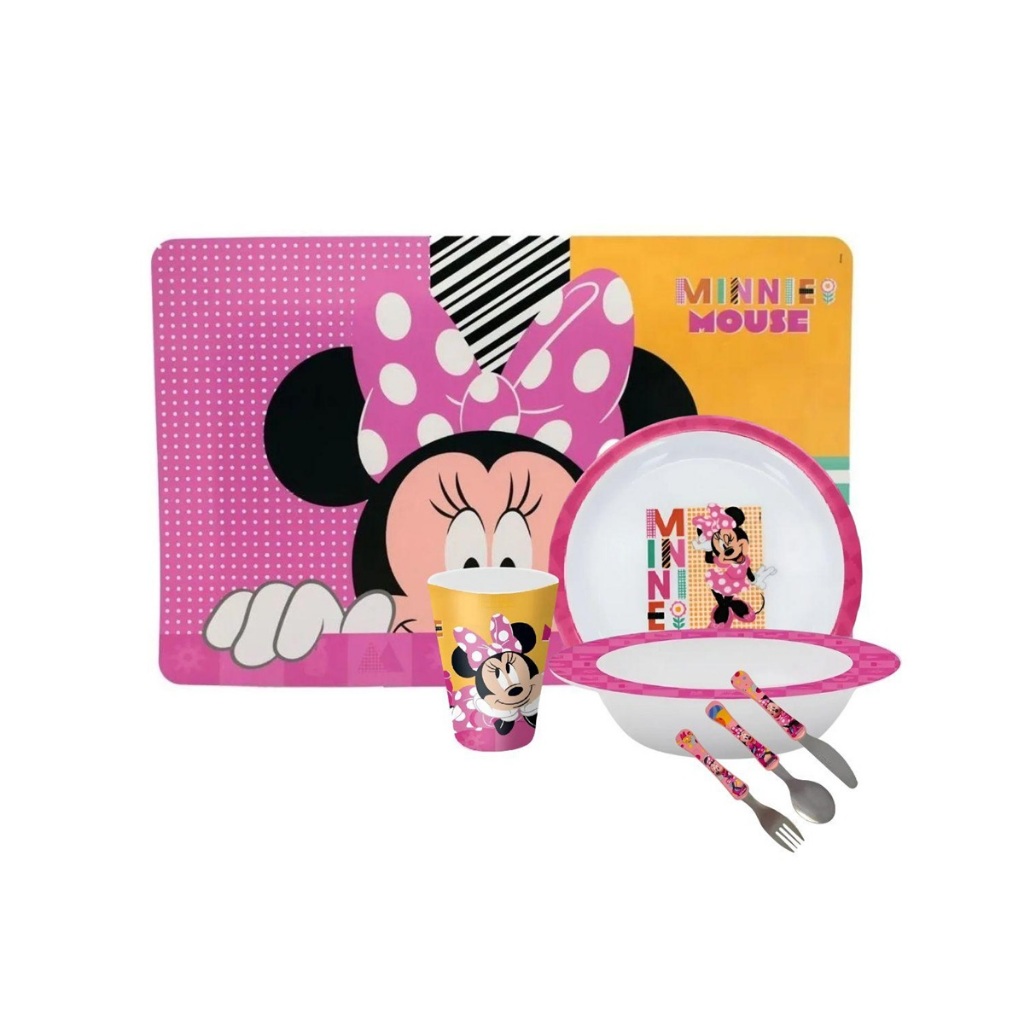 Kit Refeição Infantil Minnie 7 Peças Melamina Prato, Tigela, Copo, Lugar Americano e Talheres - Tuut em Oferta na Shopee