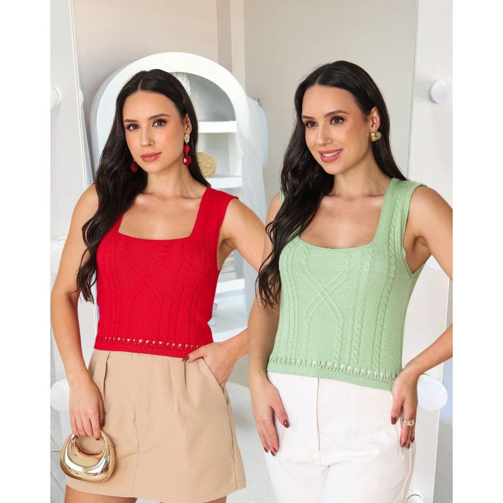 Kit 2 Cropped Feminino Tricot Blusa Regata Alça Grossa Trama Decote Quadrado Tricô Modal Moda Verão