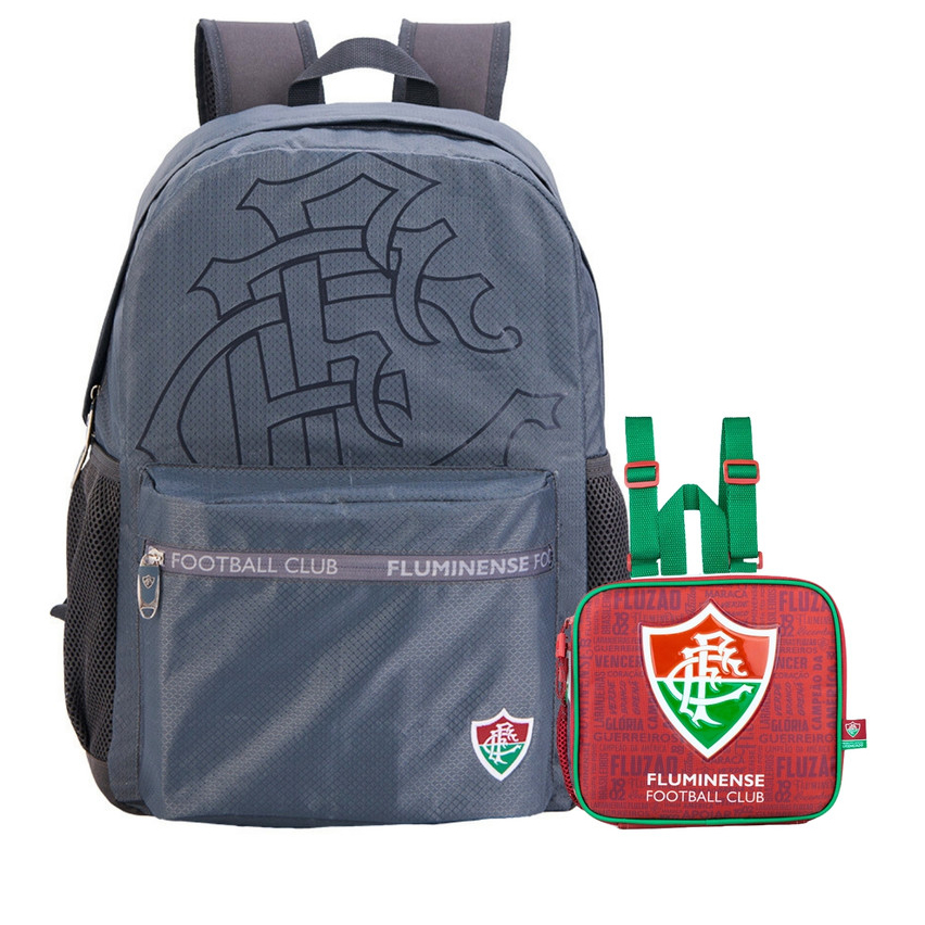 Kit Conjunto Escolar Juvenil Cinza Menino Futebol Time Fluminense Mochila de Costas + Lancheira Térmica