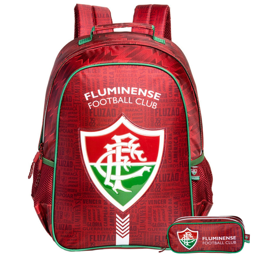 Kit Conjunto Escolar Infantil Menino Futebol Time Fluminense Mochila de Costas + Estojo Penal Duplo