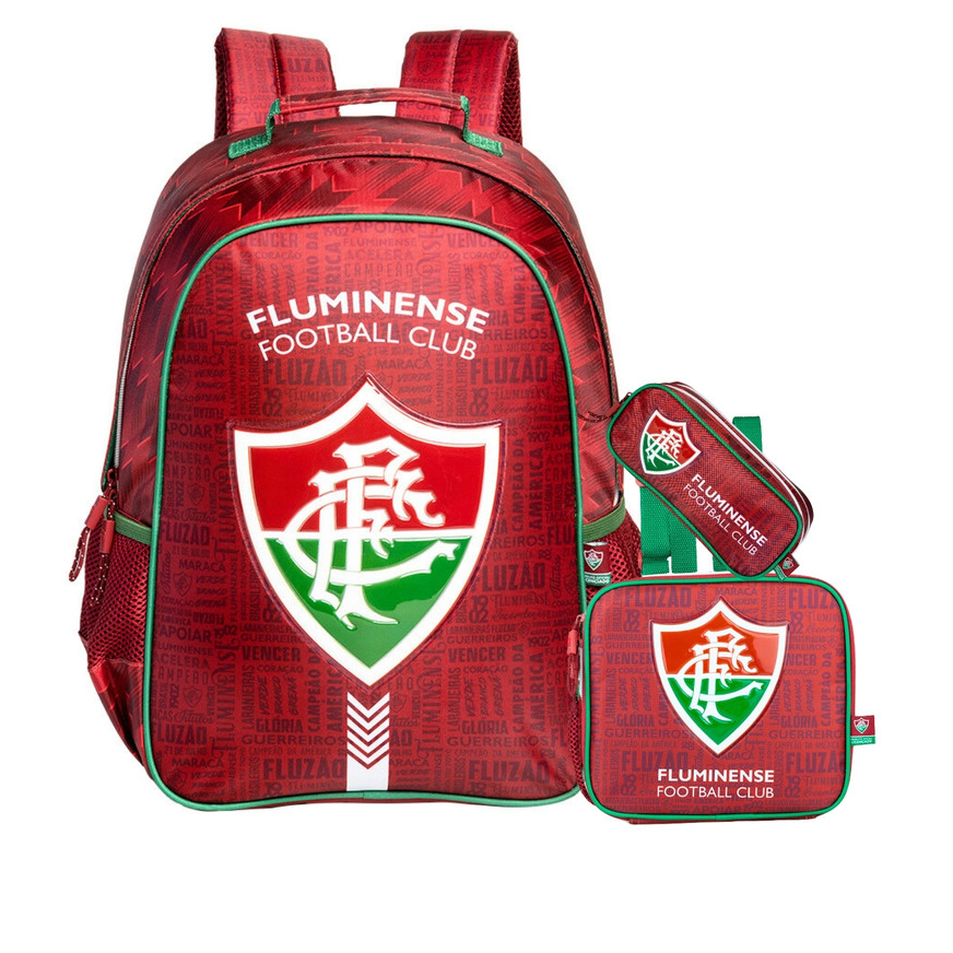 Kit Conjunto Escolar Infantil Menino Futebol Time Fluminense Mochila de Costas + Lancheira + Estojo