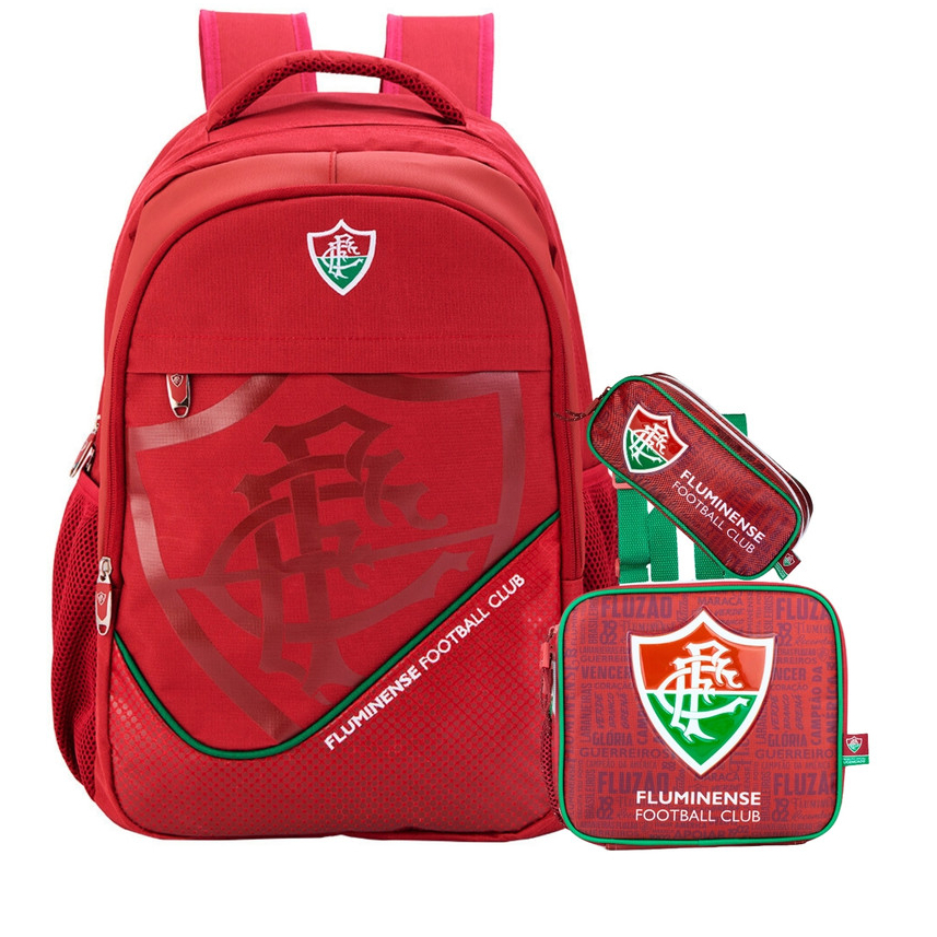 Kit Conjunto Escolar Juvenil Menino Futebol Time Fluminense Mochila de Costas + Lancheira + Estojo