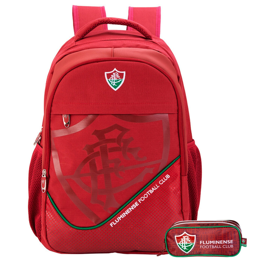 Kit Conjunto Escolar Juvenil Futebol Time Fluminense Mochila de Costas + Estojo Penal Duplo