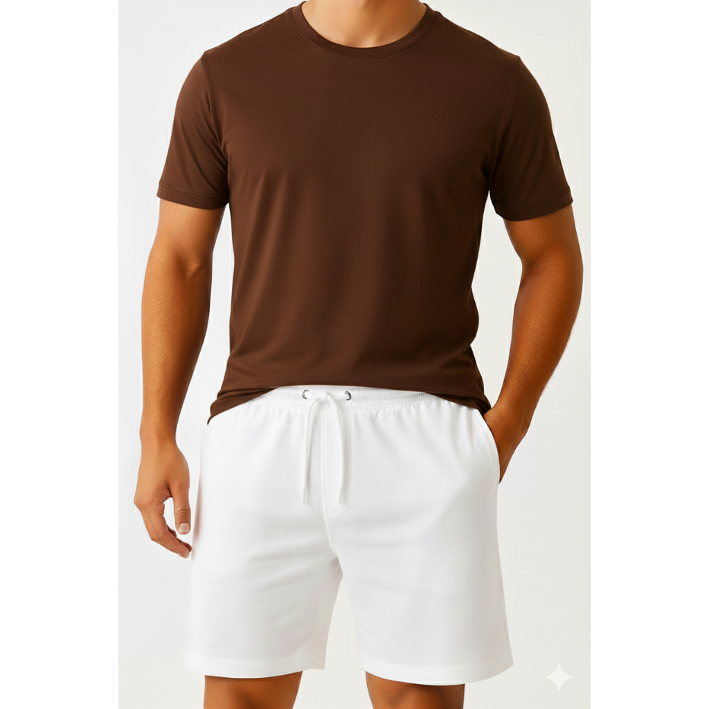 Conjunto Casual Camiseta Basica + Short Moletom Estiloso Tons Terrosos Camsieta Marrom
