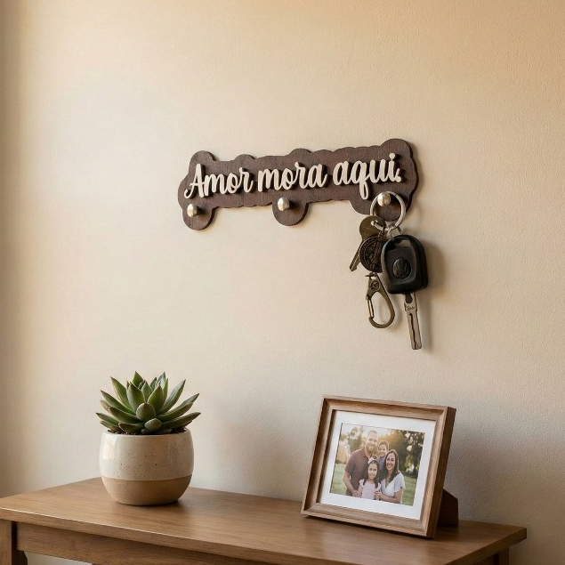 Porta Chaves Adesivo Amadeirado Frase Motivacional Branca