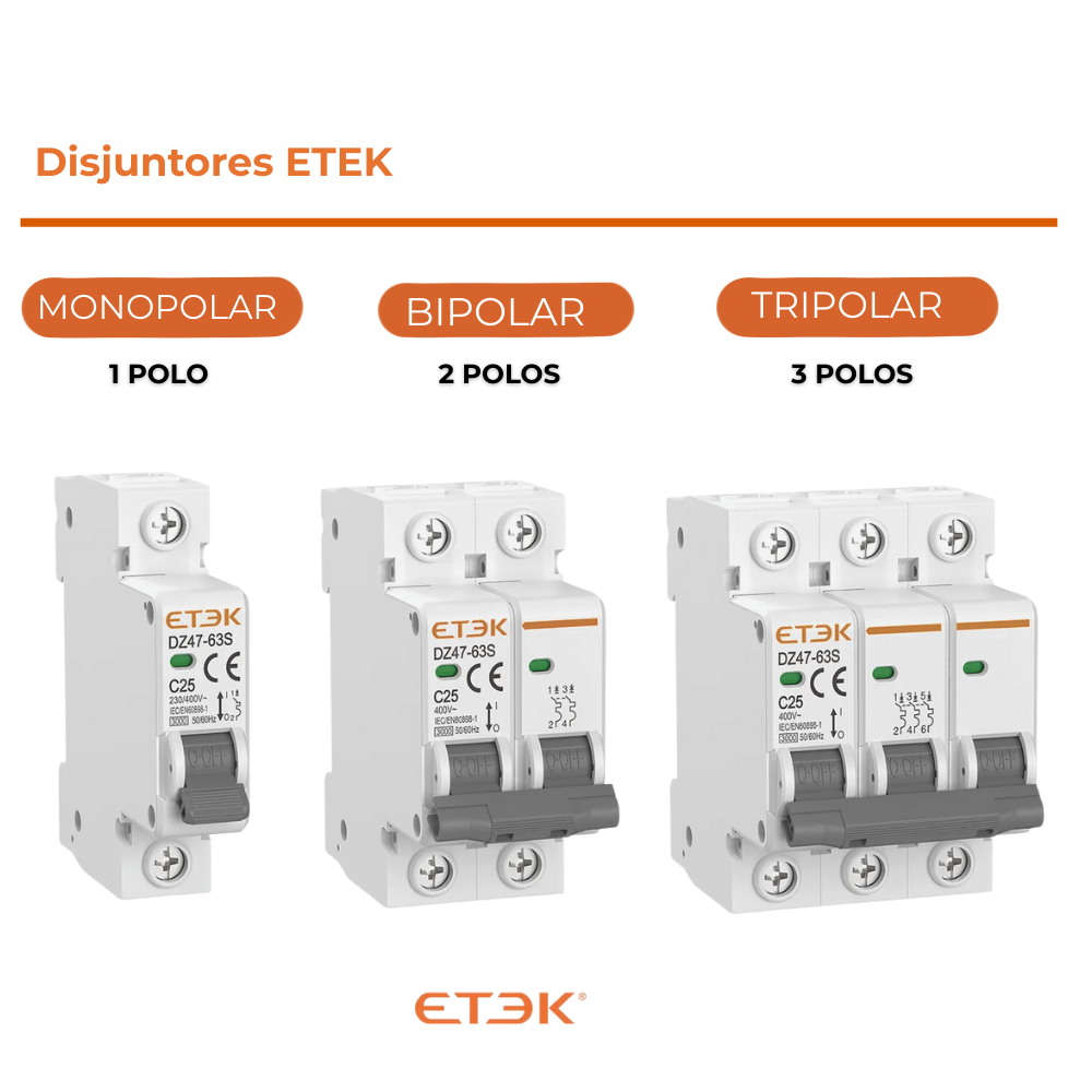 Disjuntor Bipolar Monopolar Tripolar Etek 6A 10A 16A 20A 25A 32A 40A 50A 63A Curva C 3KA