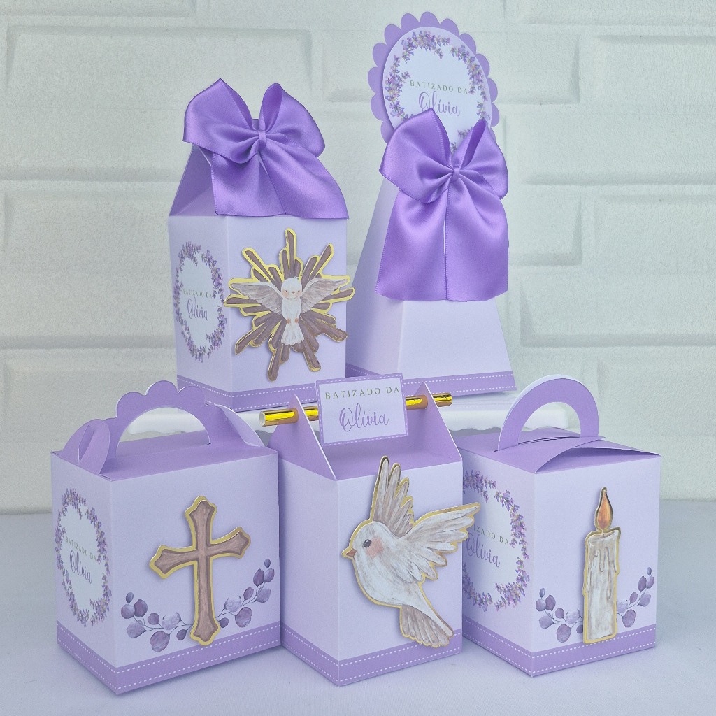 Kit Festa Personalizados - Batizado Lilás - Lembrancinhas para Batizado - Caixinhas Personalizadas