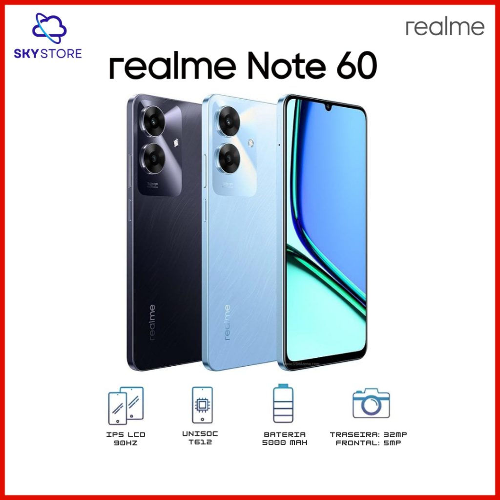 Realme Note 60 4G , Memória 256GB / 4GB RAM, Processador Unisoc T612., Câmera 32MP, Com Garantia, Bateria 5000MAh em Oferta na Shopee