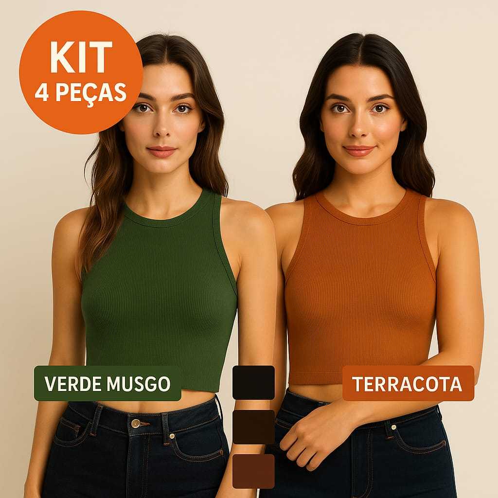 Kit 4 Blusas Regatas Cropped Malha Canelada Ribana Macia e Estilosa
