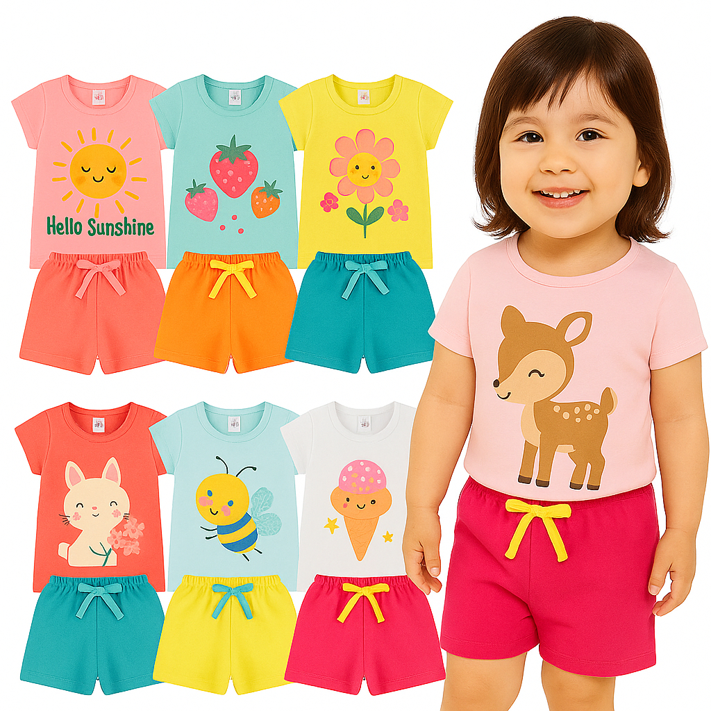 Kit Sortido 2 ou 10 Peças de Roupa Infantil Menina Verão Conjuntos de Menina Bebê VERÃO Manga curta e Shorts Infantil