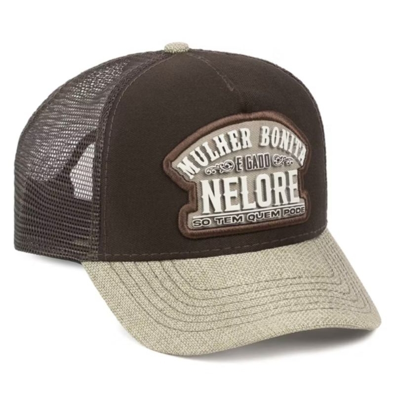Boné Marrom Country Trucker Bordado Premium Masculino Frases Mulher Bonita e Gado Nelore Só Tem Quem pode