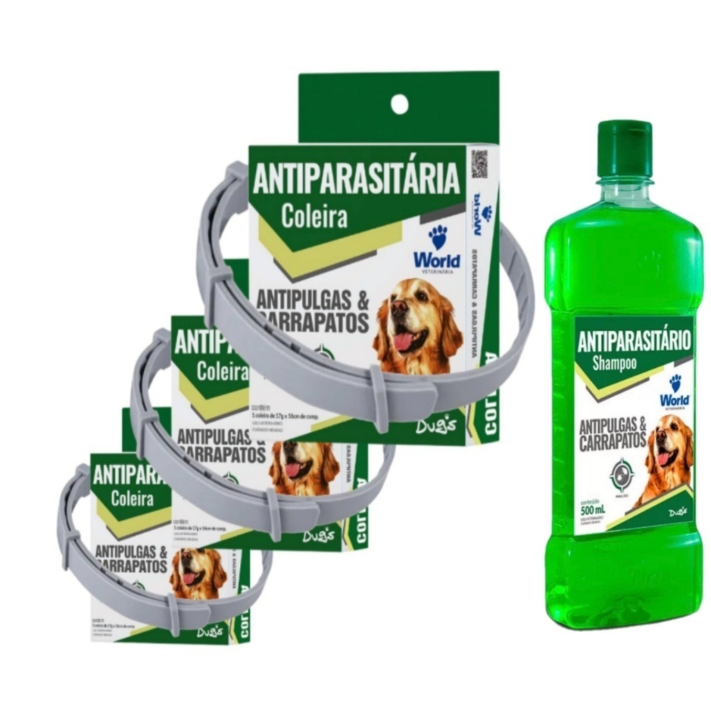 Kit 1 Shampoo 500Ml + 3 Coleiras Dugs Antipulgas e Carrapatos p/Cães 17g c/ 56cm- World Veterinária em Oferta na Shopee