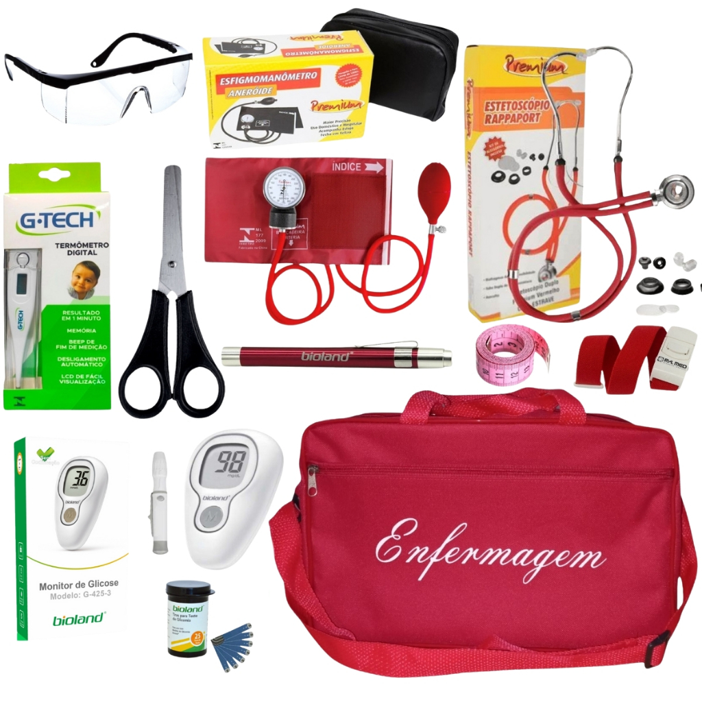 Kit De Enfermagem Vermelho Premium Com Glicossímetro