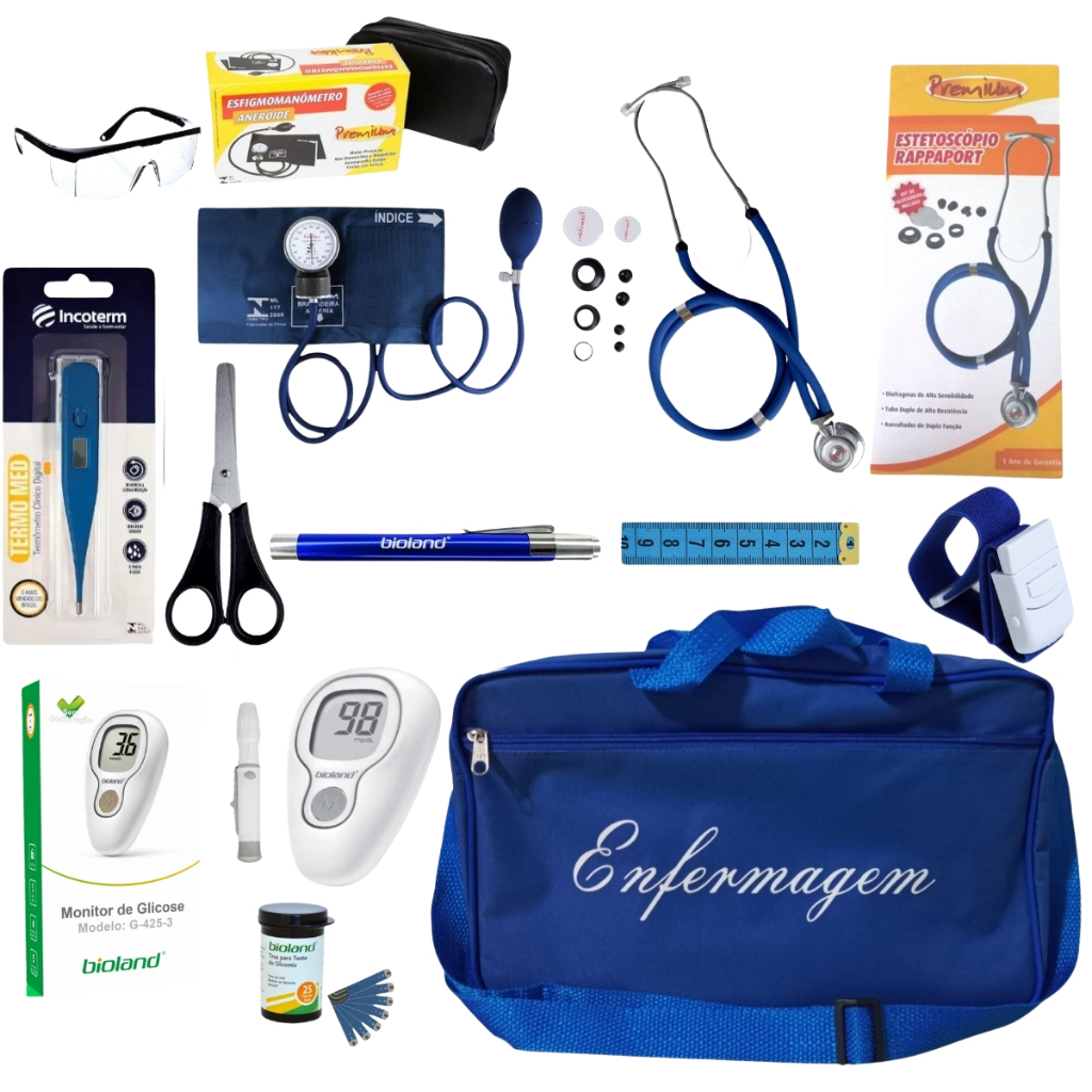 Kit de enfermagem azul premium com glicossimetro, Medidor de pressão e Estetoscópio