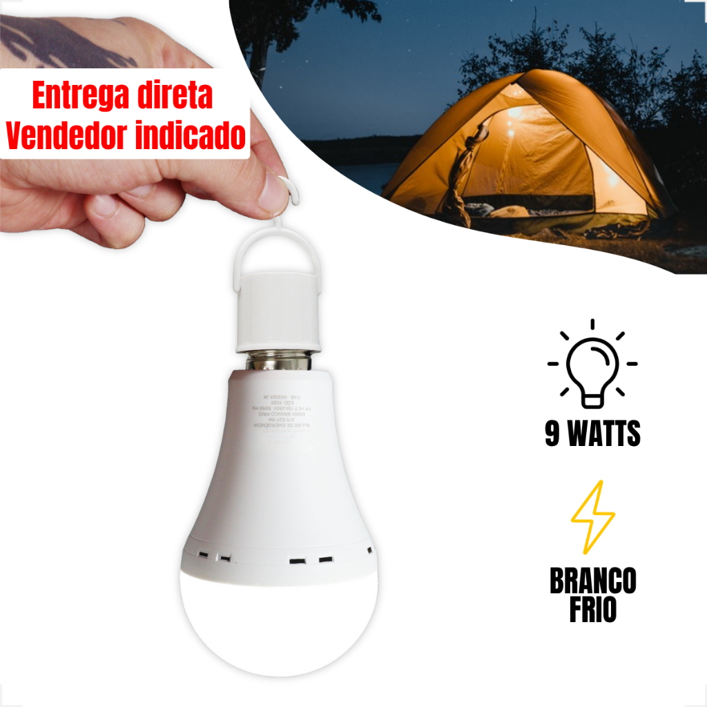 Kit 5 Lâmpada Emergência A70 9w 6500k Branco Frio Bulbo luminária Led Bateria Integrada Recarregável