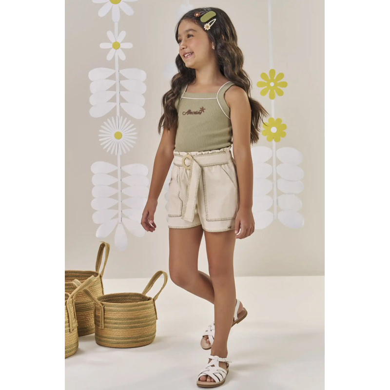 Conj Infantil Regata Canelada Short Linho Verde Alecrim Kukiê