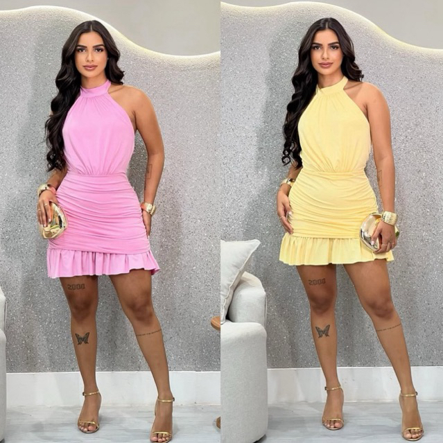 Vestido Feminino Suplex Curto Frente Única Gola Alta Amarração No Pescoço Drapeado Babado PoliamidaTendencia chic elegan