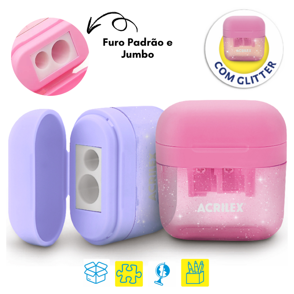 Apontador Duplo Com Glitter e Depósito Furo Jumbo e Normal - Acrilex
