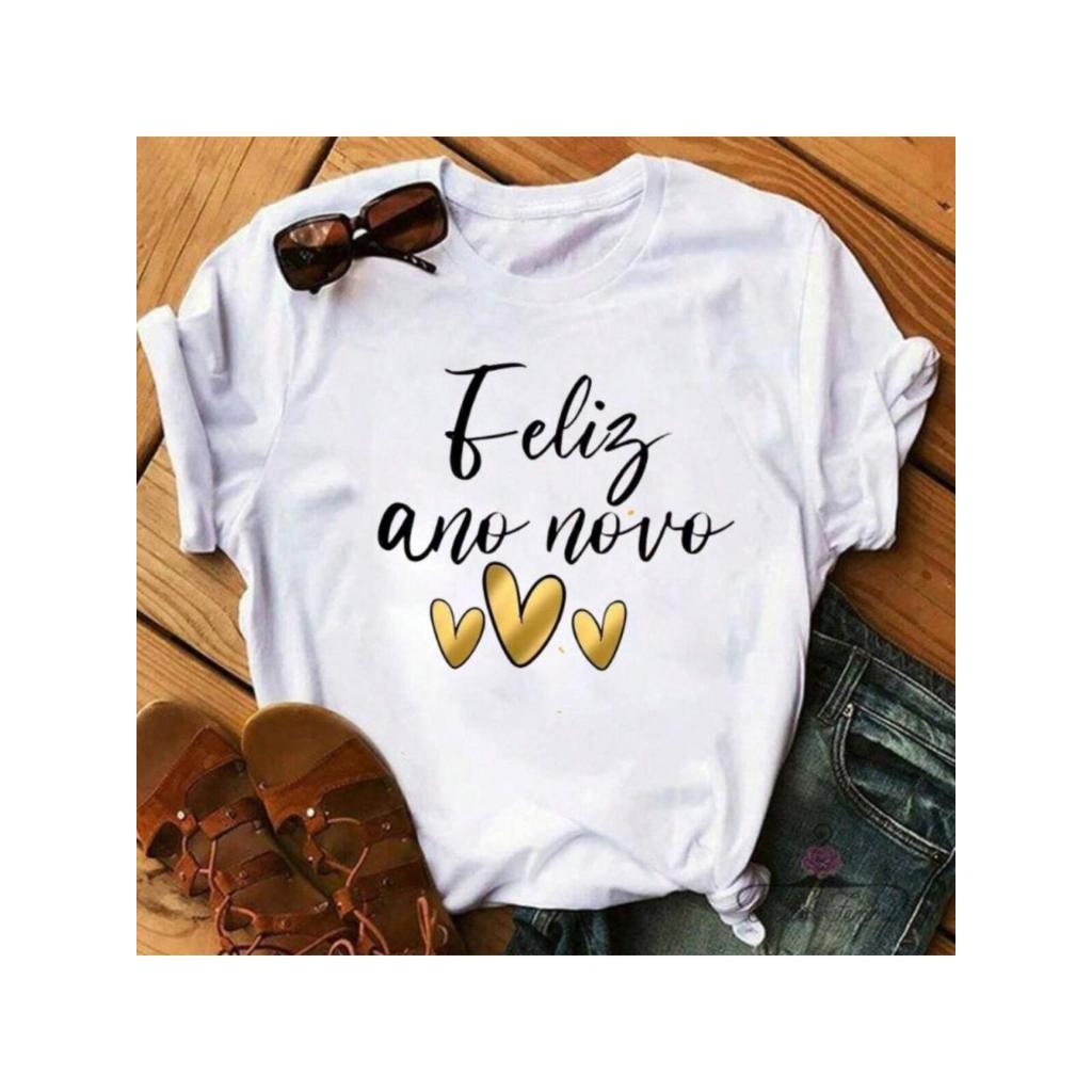 Blusa Camiseta Feminina Despojada Estilosa Estampada Feliz Ano Novo Coração