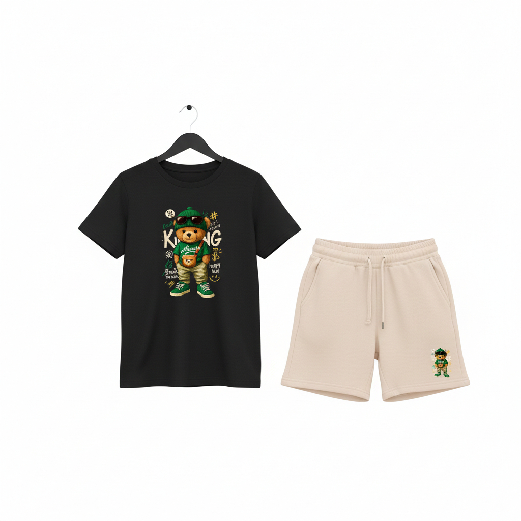 Conjunto  infantil menino kit camiseta e short moletom estampados de king urso.