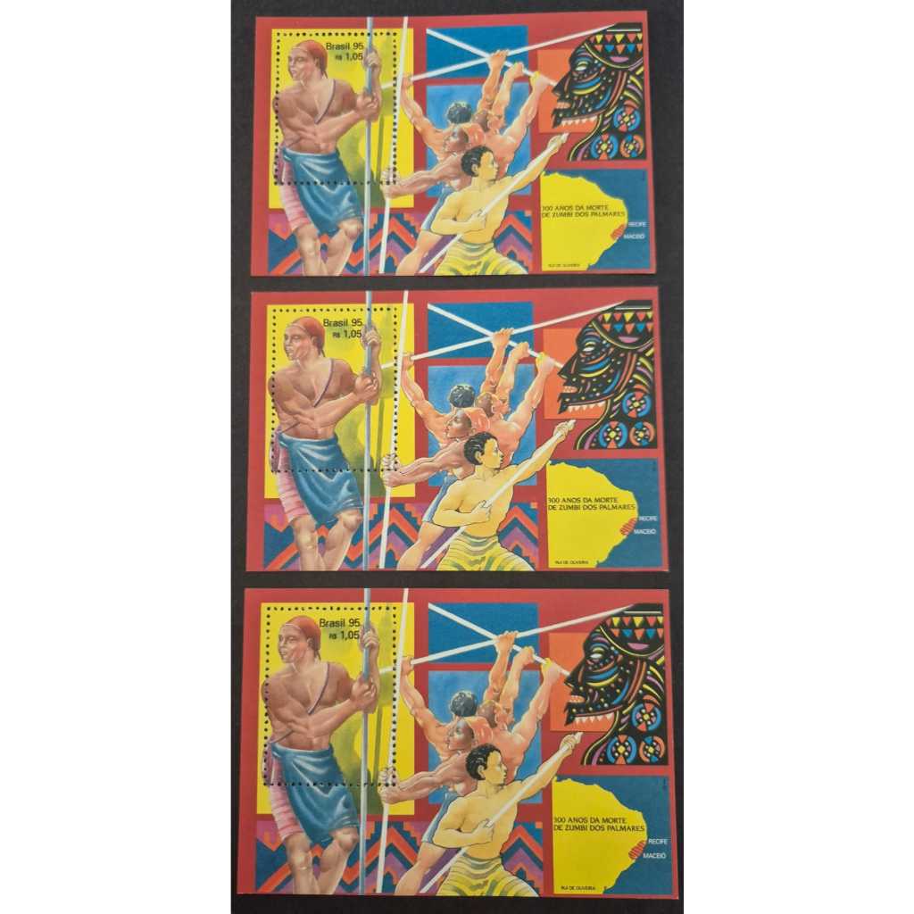 Bloco selos dos correios - Brasil 1995 - 300 anos da Morte de Zumbi dos Palmares - Código RHM B102.