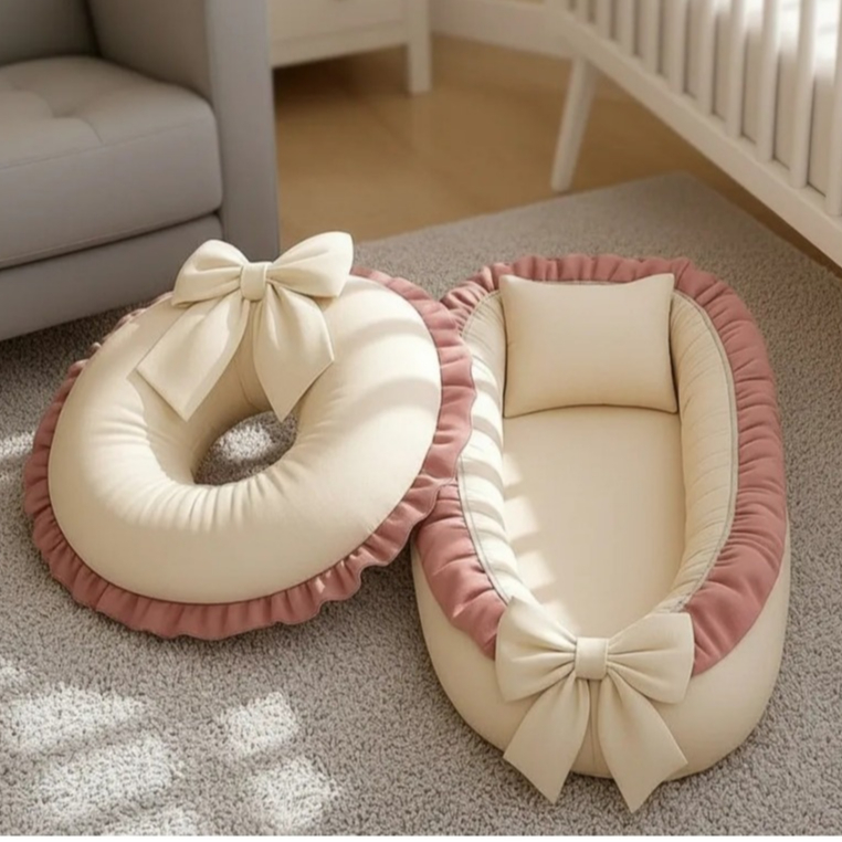 Kit Ninho Redutor + Almofada Amamentação 100% Algodão Babado Palha com Rosê em Oferta na Shopee