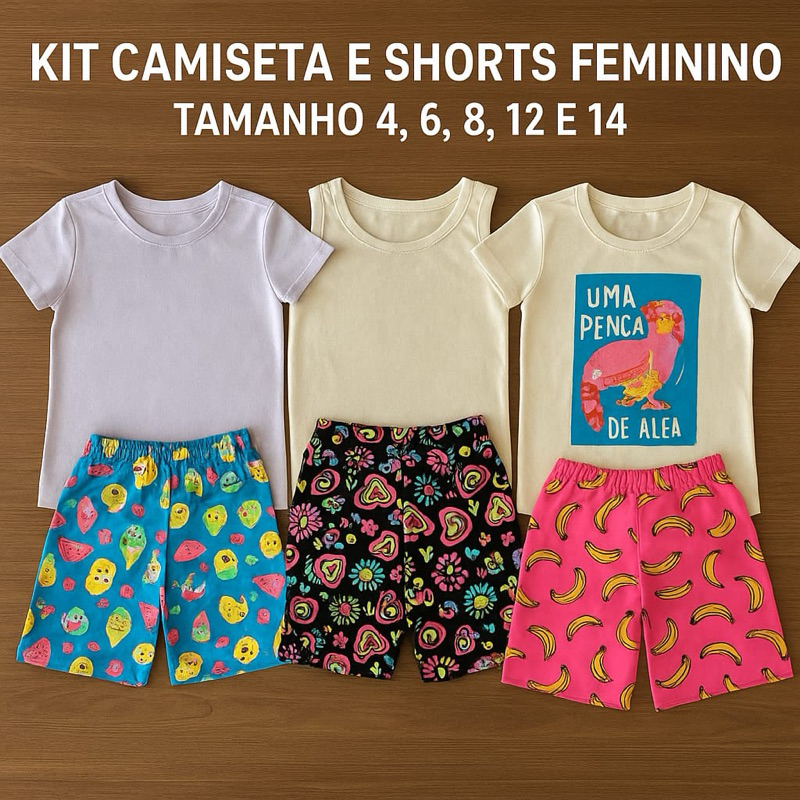 Kit Sortido  8 Peças de Roupas Infantis Feminino Verão - 4 Camisetas + 4 Bermudas