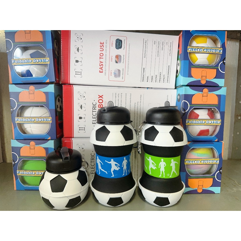 kit ate 20 Garrafa Água Infantil Bola Dobrável 550ml Squeeze Futebol Basquete Flexível Retrátil Decoração Alça-BYB em Oferta na Shopee