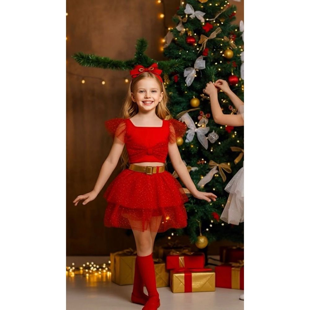 Conjunto Infantil de Natal para Meninas – Blusa Vermelha + Saia de Tule com Short Embutido + Cinto Dourado | Look Natali