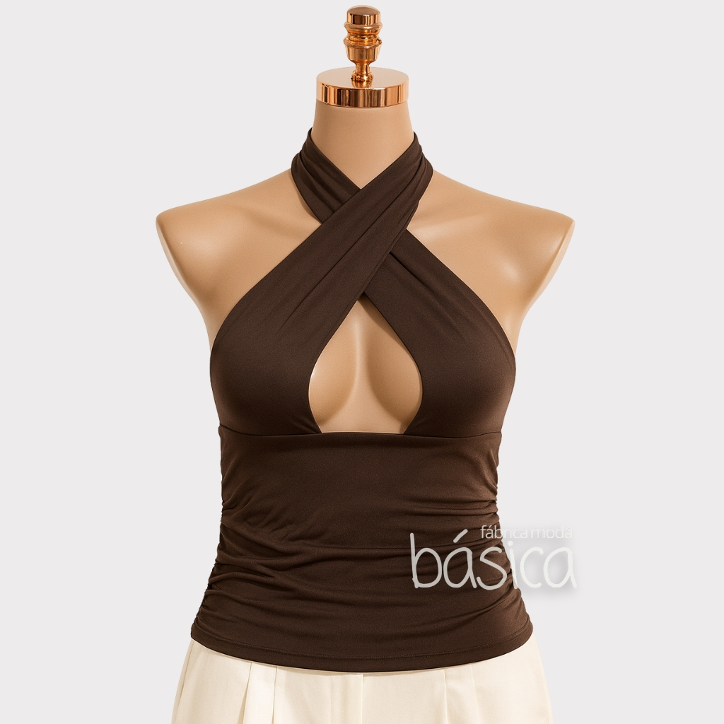 Detalhes do Blusa Cropped Amarraçao Multiformas Decote Forado Festa Moda Gringa Decotado Suplex Sexy Sustentaçao