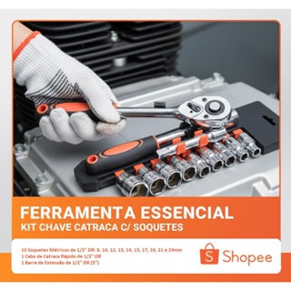 Conjunto Catraca Soquete Sextavado 1/2  Reversível 12 Peças 08 a 24mm Extensão Jogo Kit aço vanádio em Oferta na Shopee