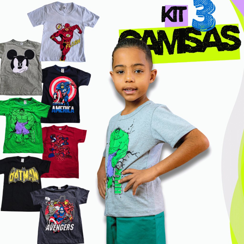 Kit 3 Camisetas Infantis para Menino (Estampas Sortidas) Verão 2026 Blusa Heróis Infantil em Oferta na Shopee