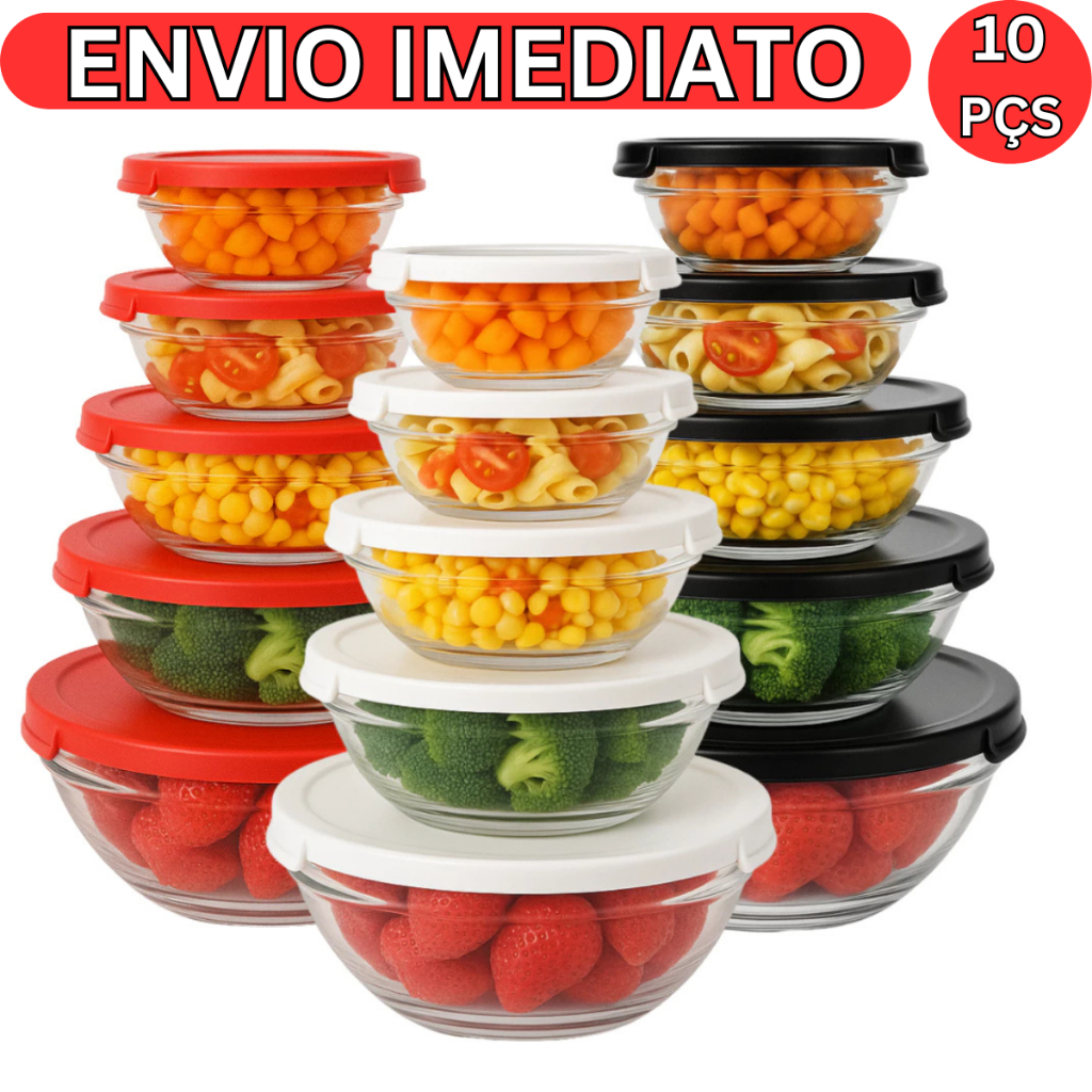 Kit Conjunto De Potes 10 Peças Vidro Resistente Organizadores De Cozinha Multiuso Bowl Hermético