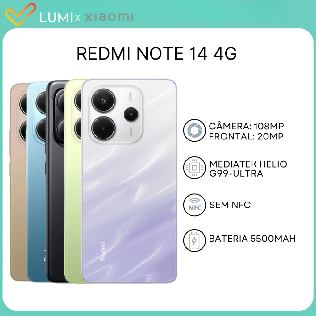 Xiaomi Redmi Note 14 4G, 256GB/8GB RAM, 128GB/6GB RAM Câmera 108MP, Processador Helio G99-Ultra,Versão Global