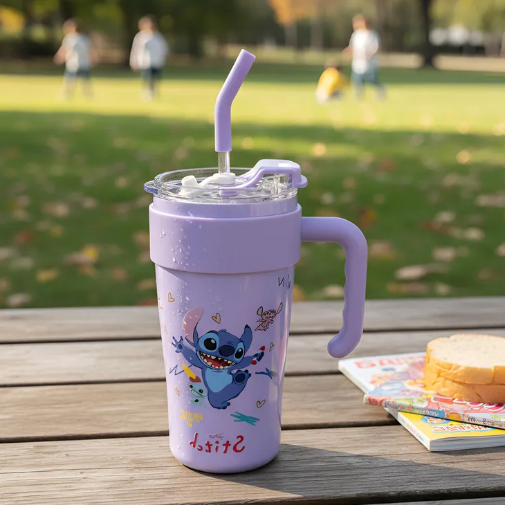 Copo Caneca Térmica 1l Azul,Lilaz,Branco,Rosa Com Alça Garrafinha Mais Canudo Stitch Disney Lilo