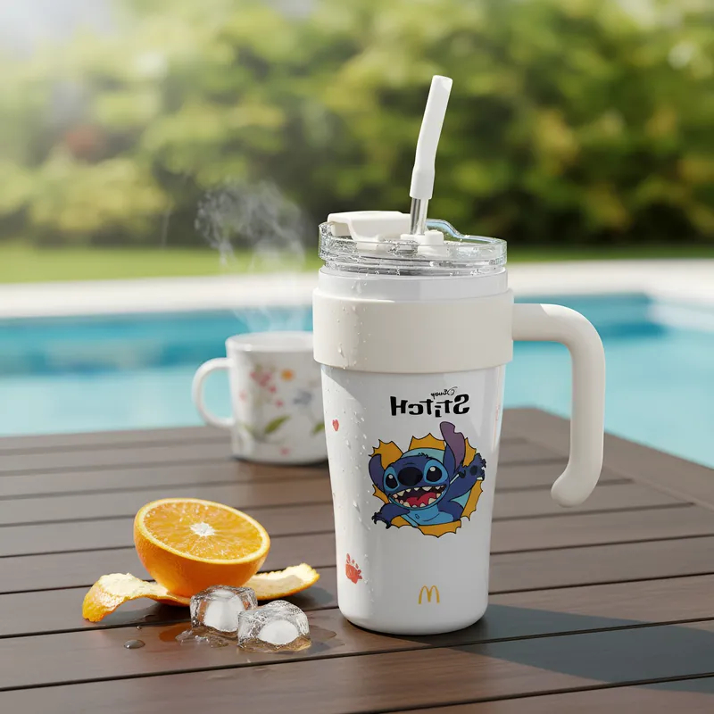 Copo Caneca Térmica 1l Azul,Lilaz,Branco,Rosa Com Alça Garrafinha Mais Canudo Stitch Lilo Disney