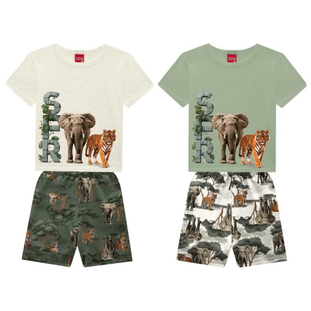 Conjunto Kyly Infantil Menino Camiseta e Bermuda Verde Safari Verão Moda Kids