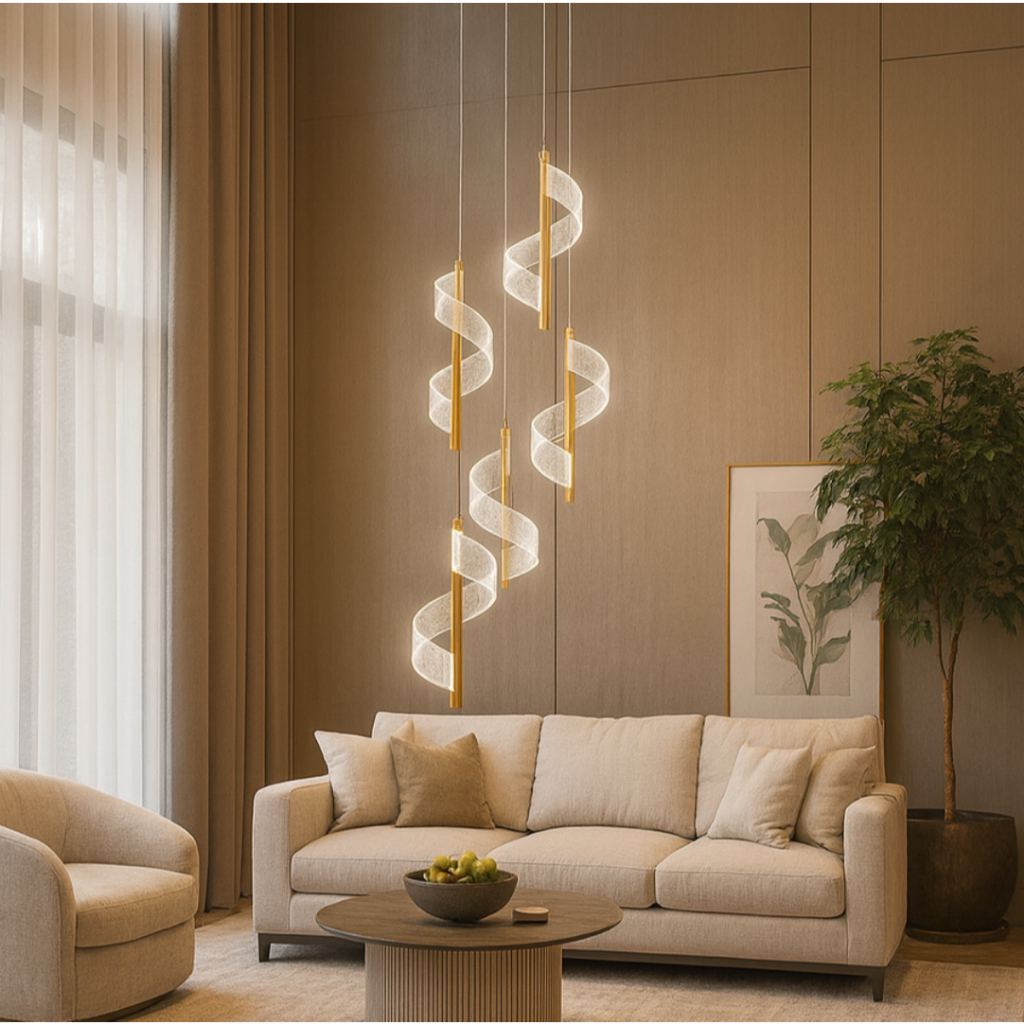 Luminária Pendente Vertical  Espiral Led Dourado Metal e Acrílico Escadaria Sala Pé Direito Alto