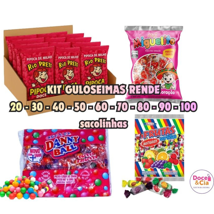 Kit Guloseimas Rende 20/30/40/50/60/70/80/90/100 Sacolinhas Lembrancinhas Aniversário Infantil Pipoca Bala Pirulito
