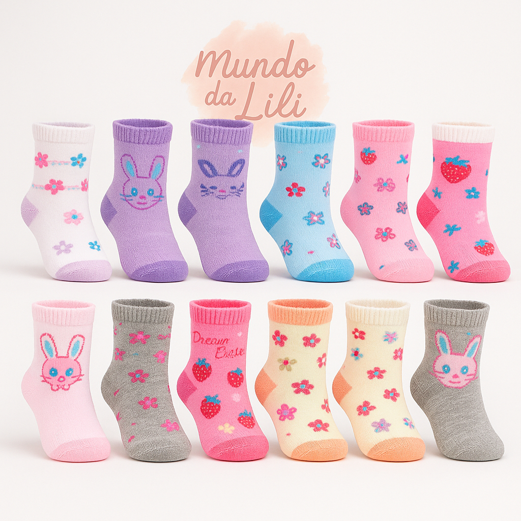 Kits Até 24 Pares  Meias Infantil Feminina Bebê Menina Estampadas Conforto  Crianças 0 a 12 anos RN