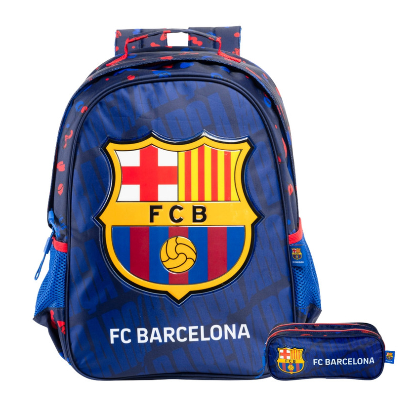 Kit Conjunto Escolar Infantil Menino Futebol Time Barcelona Mochila de Costas + Estojo Penal Duplo