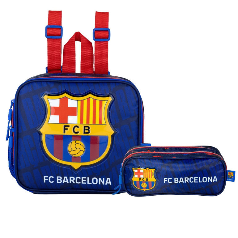 Kit Conjunto Escolar Infantil Menino Futebol Time Barcelona Lancheira Térmica + Estojo Penal Duplo